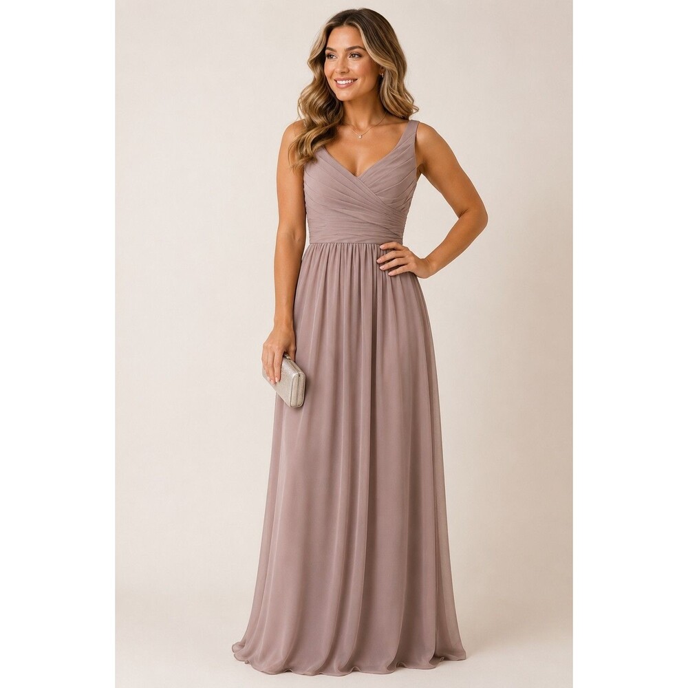 Brideside Taupe Chiffon Maxi Dress Size 4 V Neck Sleeveless Formal Gown